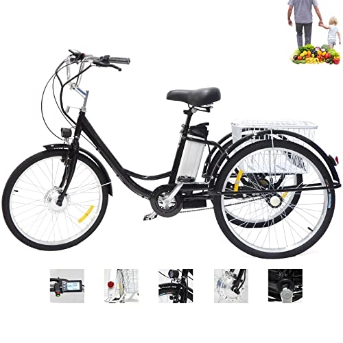 Electric Bike : Adult Tricycle Electric Tricycle 3 wheel bike 24in hybrid tricycle for the elderly 36V12AH lithium battery bicycle with enlarged rear basket(BLACK)