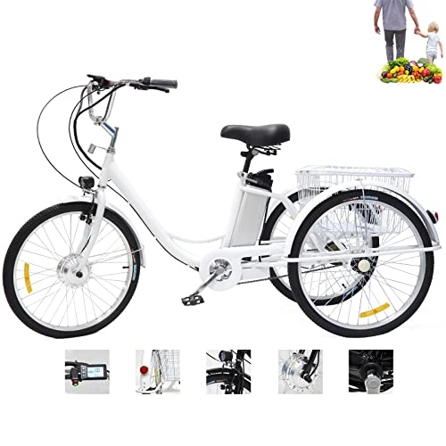 Electric Bike : Adult Tricycle Electric Tricycle 3 wheel bike 24in hybrid tricycle for the elderly 36V12AH lithium battery bicycle with enlarged rear basket（white）