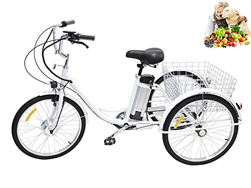 Electric Bike : Adult tricycle hybrid bicycle elderly tricycle lithium battery 3-wheel tricycle 36V12AH comfortable power-assisted bicycle with rear basket parents use it for grocery shopping outings(white 24inch)