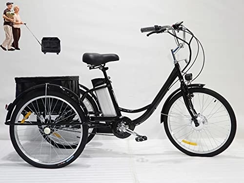 Electric Bike : Adult tricycle with basket electric tricycle lithium battery hybrid 3-wheeler 36V12AH 350W motor for parents and elderly LED lighting high carbon steel frame load-bearing 150kg(black, 24inch)