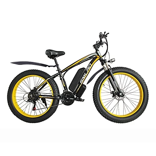 Electric Bike : AKEZ 26"*4" Fat Tire E-bike Electric Bike for Adults, Fat Tyre Electric Mountain Bike 7 Speeds Snow Bike All Terrain with 48V Removable Lithium Battery (Black yellow 15A)