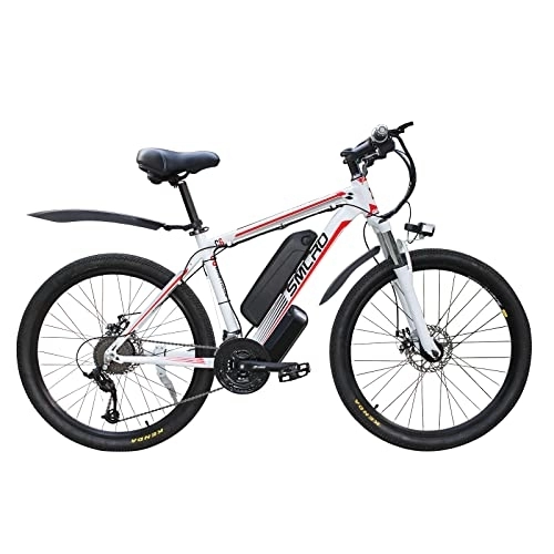 Electric Bike : AKEZ 26" Electric Bike for Adults, Ebike for Men, Electric Hybrid Bike MTB All Terrain, 48V / 10Ah Removable Lithium Battery Road Mountain City Bike Electric Bicycle for Cycling (white red 500)