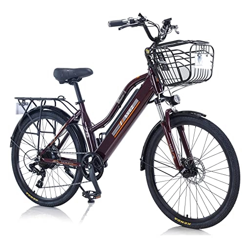 Electric Bike : AKEZ Electric Bike for Adults Women, 26’’ Electric Mountain Bike for Women, 250W Removable Lithium-Ion Battery E-bike for Men with Shimano 7 Speed Gear and Dual Disc Brakes (brown)