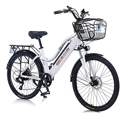 Electric Bike : AKEZ Electric Bike for Adults Women, 26’’ Electric Mountain Bike for Women, 250W Removable Lithium-Ion Battery E-bike for Men with Shimano 7 Speed Gear and Dual Disc Brakes (white)