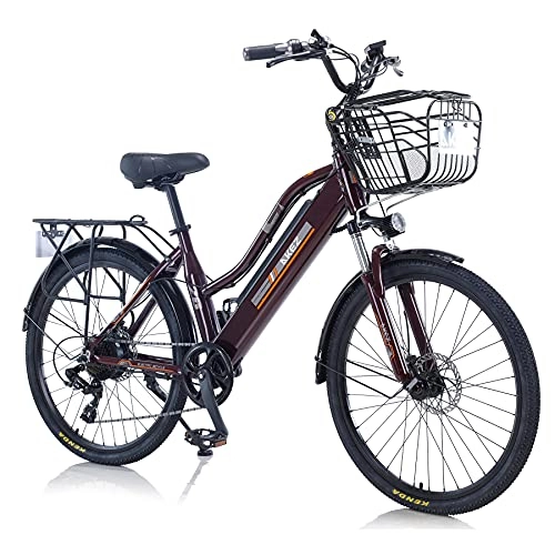 Electric Bike : AKEZ Electric Bike for Adults Women, E-bike for Adults, 26’’ Ladies Electric Mountain Bike for Women with 250W Removable Lithium-Ion Battery, 7-Speed E-bike for women with Dual Disc Brakes (brown)