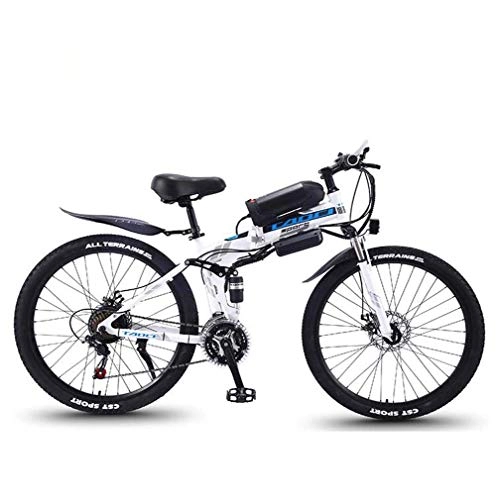 Electric Bike : Alqn Adult Folding Electric Mountain Bike, 350W Snow Bikes, Removable 36V 10Ah Lithium-Ion Battery for, Premium Full Suspension 26 inch Electric Bicycle, White, 27 Speed