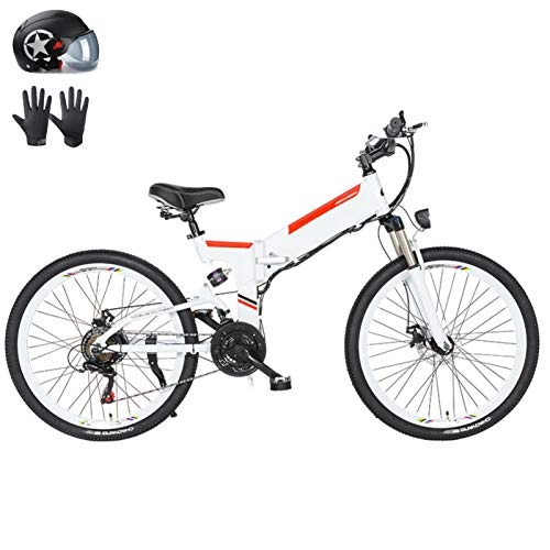 Electric Bike : Amantiy Electric Bike, Foldable Adult Mountain Electric Bike, 48V 10AH Lithium Battery, 480W Aluminum Alloy Bicycle, 21 speed, 26 Inch Aluminum alloy spoke wheel (Color : White, Size : 10AH)