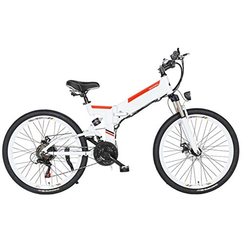 Electric Bike : Amantiy Electric Bike, Foldable Adult Mountain Electric Bike, 48V 5-20AH Lithium Battery, 480W Aluminum Alloy Bicycle, 21 speed, 24 Inch Aluminum alloy spoke wheel (Color : White, Size : 5AH)
