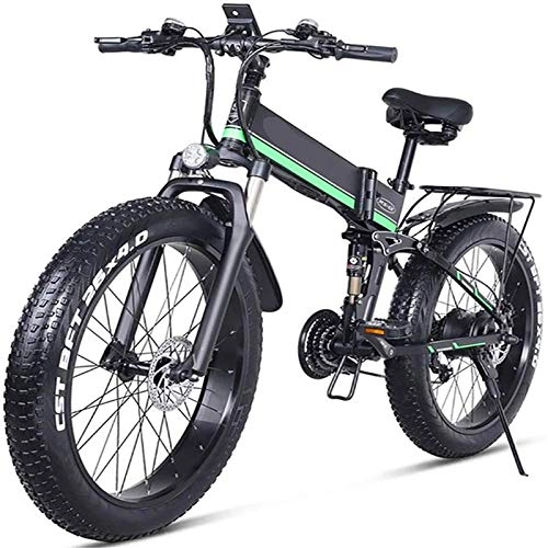 Electric Bike : Amantiy Electric Mountain Bike, Electric Snow Bike 48V Folding Mountain Bike with 26Inch 4.0 Fat Tire MTB 21 Speed E-Bike Pedal Assist Hydraulic Disc Brake Electric Powerful Bicycle (Color : Black)
