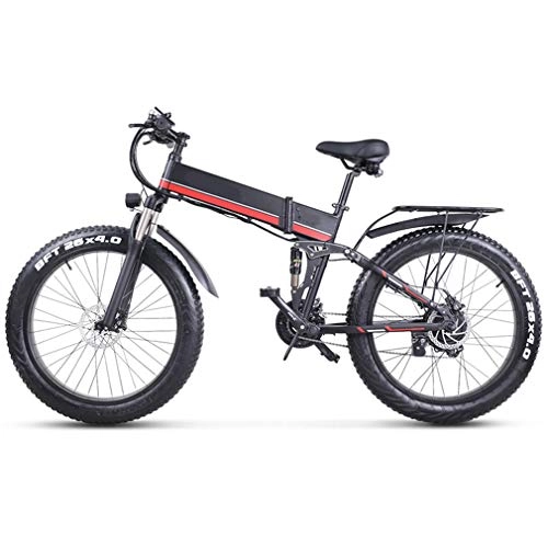 Electric Bike : AMGJ Electric Bike Foldable, 1000W Motor 48V 12.8AH Removable Charging Lithium Battery Electric Beach Bike 26inch*4.0 Fat Tire with Seat and Electronic Horn LCD Display Screen, Black