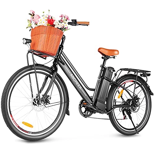 Electric Bike : ANCHEER 26'' Electric Bicycle, Retro City Electric Bike, Low frame e-bike with 36V / 12.5 Ah Lithium Battery, Step-through Commuter Ebike with Practical Basket for Woman Man