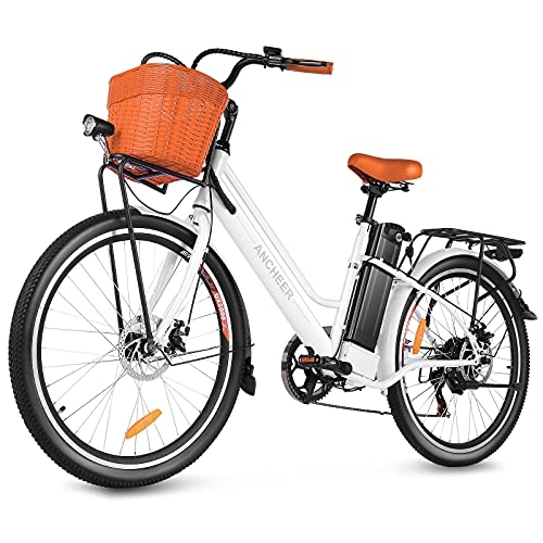 Electric Bike : ANCHEER 26'' Electric Bicycle, Retro City Electric Bike, Low frame e-bike with 36V / 12.5 Ah Lithium Battery, Step Through Commuter Ebike with Practical Basket for Woman Man (White)