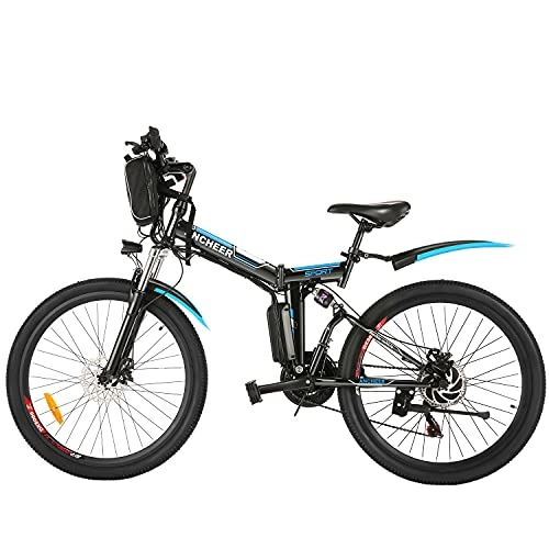 Electric Bike : ANCHEER 26’’ Electric Folding Bikes for Adults, 250W Electric Bicycle with 8Ah Removable Lithium Battery Double Shock Absorption Font and Rear Disc Brakes Professional 21-speed (Folding-Bright Black)