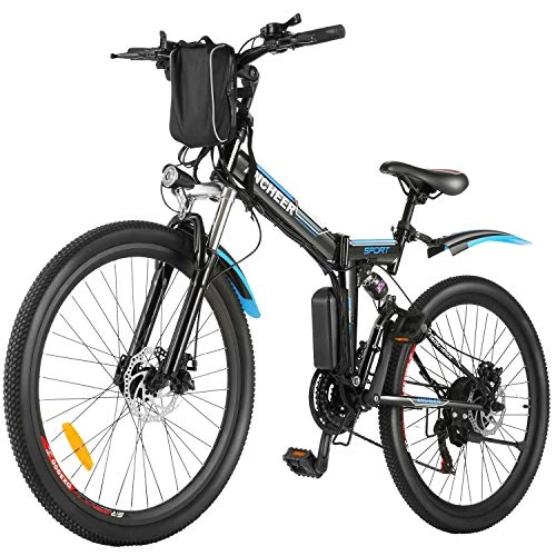 Electric Bike : ANCHEER 26'' Folding Electric Bike with 36V 8Ah Lithium-Ion Battery, Premium Full Suspension and 21 Speed Gears