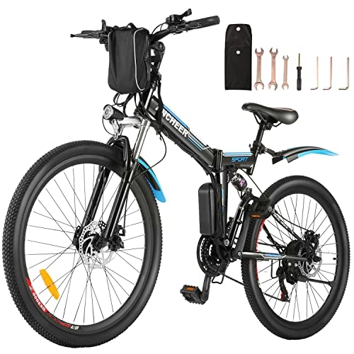 Electric Bike : ANCHEER 26 inch Folding Electric Bikes for Adults, Foldable Electric Bicycle Mountain Bike E-bike with 288Wh Removable Lithium Battery Shimano 21 Speed Shifter Double Disc Brakes