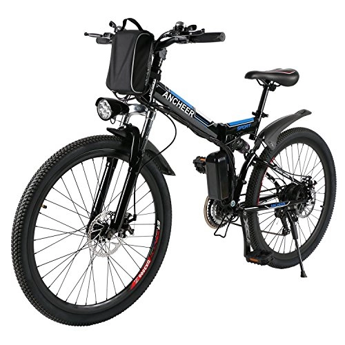 Electric Bike : ANCHEER Electic Mountain Bike, 26 inch Folding E-bike, 36V 250W, Premium Full Suspension and Shimano 21 Speed Gear (Black)