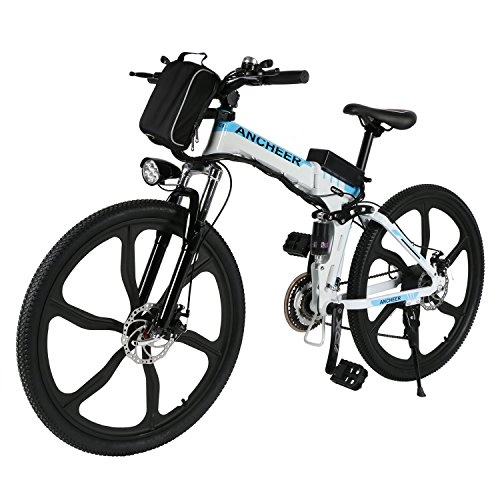 Electric Bike : Ancheer Electic Mountain Bike, 26 inch Folding E-bike with Super Lightweight Magnesium Alloy 6 Spokes Integrated Wheel, Large Capacity Lithium-Ion Battery and Battery Charger, Premium Full Suspension and Shimano Gear (Wei)