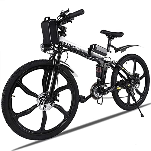 Electric Bike : ANCHEER Electric Bike Electric Mountain Bike, 26 Inch Folding E-bike with Super Magnesium Alloy 6 Spokes Integrated Wheel, Premium Full Suspension and Shimano 21 Speed Gear