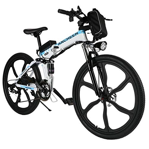 Electric Bike : ANCHEER Electric Bike Electric Mountain Bike, 26 Inch Folding E-bike with Super Magnesium Alloy 6 Spokes Integrated Wheel, Premium Full Suspension and Shimano 21 Speed Gear (White)