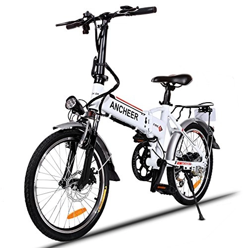 Electric Bike : ANCHEER Electric Mountain Bike, 20 Inch Folding E-bike with Super Lightweight Magnesium Alloy 6 Spokes Integrated Wheel, Premium Full Suspension and Shimano7 Speed Gear