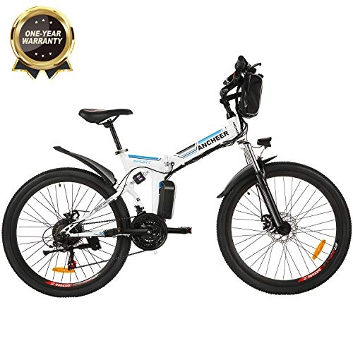 Electric Bike : ANCHEER Electric Mountain Bike, 26 E-bike Citybike Commuter Bike with 36V 8Ah Removable Lithium Battery, 21 Speed Gear (26" Folding-White.)