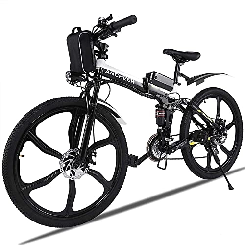 Electric Bike : ANCHEER Electric Mountain Bike, 26'' Folding Electric Bike with Magnesium Alloy 6-Spoke Integrated Wheels and Advanced full Suspension, Ebike with Shimano 21-Speed Gear for men / women / adults