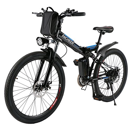 Electric Bike : ANCHEER Electric Mountain Bike, 26 Inch Folding E-bike, 36V 250W Large Capacity Lithium-Ion Battery and Battery Charger, Premium Full Suspension and Shimano Gear (Schwarz-1)