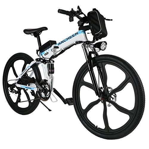 Electric Bike : ANCHEER Electric Mountain Bike, 26 Inch Folding E-bike with Super Lightweight Magnesium Alloy 6 Spokes Integrated Wheel, Premium Full Suspension and Shimano 21 Speed Gear (Folding - White, Medium)