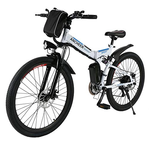 Electric Bike : ANCHEER Electric Mountain Bike, E-bike Citybike Commuter Bike with 36V Removable Lithium Battery Charging, Electric Bike Shimano 21 Speed Gear and Two Working Modes (26" folding white.)