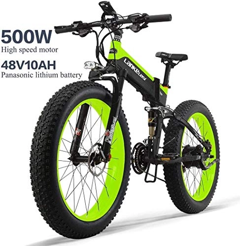 Electric Bike : ANDA Electric Bike 26In Tire 500W Motor 48V 10AH Removable Large Capacity Battery Lithium 30Km / H E-Bikes Snow MTB Folding Portable Electric Bicycle 27 Speed Gear Shimano Shifting System, Green