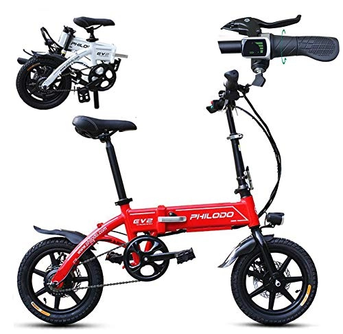 Electric Bike : Archer Lightweight Electric Bike Easy Foldable 14 Inch Electric Bicycle Multiple Riding Modes Change Disc Brake, Red