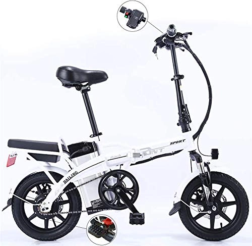 Electric Bike : AUZZO HOME 14 Inch Folding Electric Bicycle Double Disc Brakes City Commuter Bike 250W 48V Removable Lithium Battery E-Bike with Top Speed 25km / h for Adult and Teenager, White, 10A