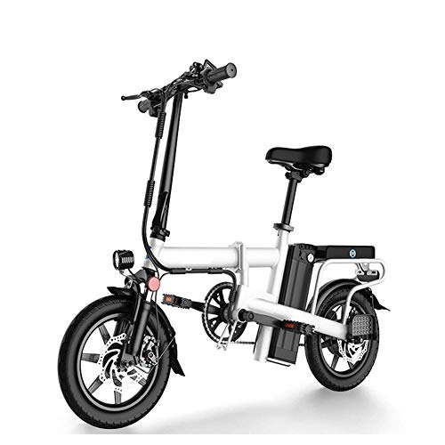Electric Bike : AYHa Adults Folding Electric Bike, Dual Disc Brakes 14 inch City Electric Assisted Bicycle Air Hydraulic Shock Absorber 48V Removable Battery, White, 12AH