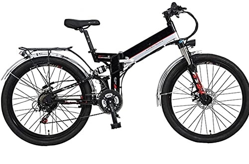Electric Bike : AYHa Folding Mountain Electric Bicycle, 26''Battery Bike Adult with 300W Motor Removable 48V10Ah Lithium-Ion Battery 21 Speed Shifter with Rear Seat Dual Disc Brakes, Black, A