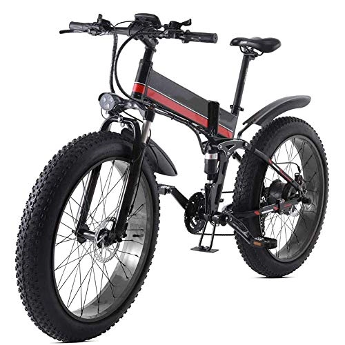 Electric Bike : AYHa Folding Mountain Electric Bicycle, 26 inch Adults Travel Electric Bicycle 4.0 Fat Tire 21 Speed Removable Lithium Battery with Rear Seat 1000W Brushless Motor, Black red