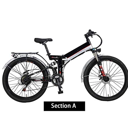 Electric Bike : AYHa Folding Mountain Electric Bicycle, 300W Motor 26'' Adult Ebike Removable 48V10Ah Lithium-Ion Battery 21 Speed Dual Disc Brakes with Rear Seat, Black, B