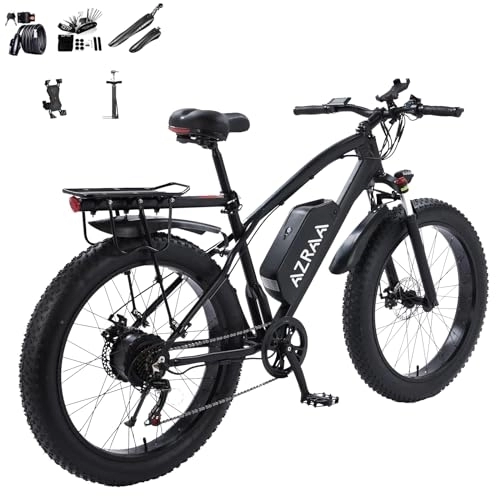 Electric Bike : AZRAA Fat Tire Electric Bike - 26x4.0 Inch Mountain Bike with 48V 10.5AH Removable Li-Ion Battery, Powerful Motor Beach Snow E-bike, Shimano 7 Speed Transmission Gears for Adults -S601K