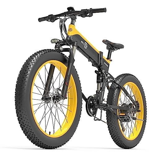 Electric Bike : Bezior Electric Bike X1500 for Adults, Foldable 26" x 4.0 Fat Tire Electric Bicycle, 48V 12.8Ah Removable Lithium Battery, Shimano 27-Speed Gear and Dual Shock Absorber Ebikes Black&Yellow