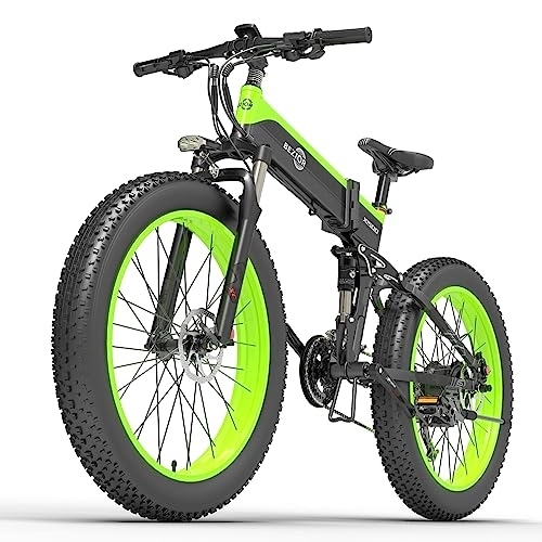Electric Bike : Bezior Electric Bike X1500 for Adults, Foldable 26" x 4.0 Fat Tire Electric Bicycle, 48V 12.8Ah Removable Lithium Battery, Shimano M2000 27-Speed Gear and Dual Shock Absorber Ebikes Black&Green