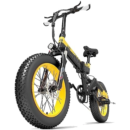 Electric Bike : Bezior Electric Bike XF200 for Adults, Foldable 20" x 4.0 Fat Tire Bicycle, 48V 15Ah Removable Lithium Battery, Electric Mountain Bike, Suspension Fork, Shimano 7 Speed Gear Black & Yellow