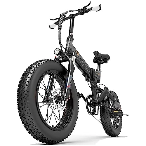Electric Bike : Bezior Electric Bike XF200 for Adults, Foldable 20" x 4.0 Fat Tire Electric Bicycle, 48V 15Ah Removable Lithium Battery, Electric Mountain Bike, Suspension Fork, Shimano 7 Speed Gear Black