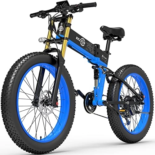 Electric Bike : Bezior Fat Tire Electric Bike X PLUS, 17.5AH 26"x 4"Electric Mountain Bike Folding Electric Bike for Adults Shimano 9-Speed 3 Riding Modes, Blue