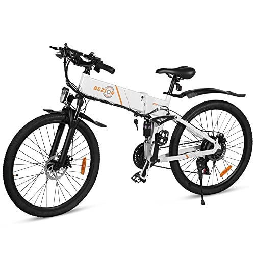 Electric Bike : Bezior Folding Electric Bicycle 500 W 26 Inch with Suspension Fork 10.4 Ah Battery 80 km Range for Commuter Weekend Shopping (White)