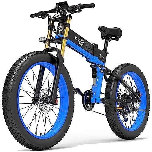 Electric Bike : Bezior X PLUS Electric Bike for Adults, Foldable 26" x4.0 Fat Tire Electric Bicycle, 48V 17.5Ah Removable Lithium Battery, Shimano 27-Speed Gear and Dual Shock Absorber Ebikes Black&Blue