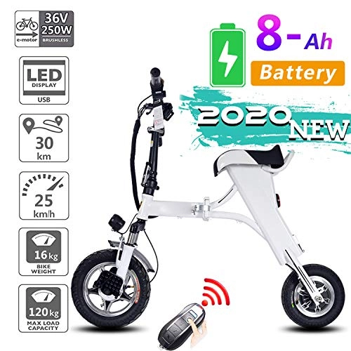 Electric Bike : Bike Electric for Adult, Foldable Foldable E-bike with 250W Motors, 30 Mile Range, 36V 8Ah Battery, 264 Lbs Maximum Load, Air Filled Tires, With USB mobile phone charging stand and remote control, White