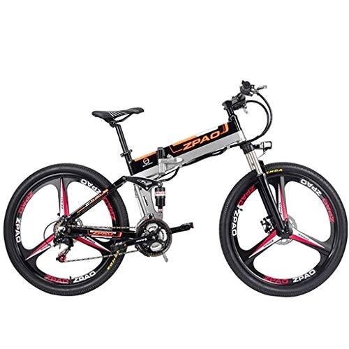 Electric Bike : BNMZXNN 26-inch folding electric bike, mountain bike, 48V15ah, 350W, double suspension and 21-speed Shimano (removable lithium battery), Black three knife wheel-26 inches