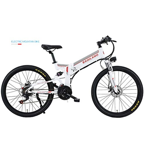Electric Bike : BNMZXNN Folding electric mountain bike, lithium battery assisted bicycle, 350W off-road bicycle, 26 inch 48V10A90km21 speed Shimano, White-Spoke wheel double battery version