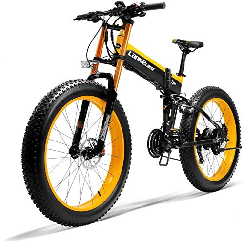 Electric Bike : Brogtorl LANKELEISI 750PLUS 48v 14.5ah 1000W full-featured electric bicycle 26" 4.0 big tires foldable adult female / male anti-theft device upgrade large (plus anti-theft device) (yellow)