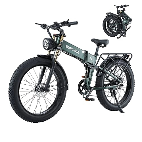 Electric Bike : BURCHDA Electric Bikes, R5pro Folding Electric Mountain Bike, 26"*4" Fat Tire Electric Mountain Bike 48V 16Ah Removable Battery, LCD Display, Shimano 8 Speed（Green）