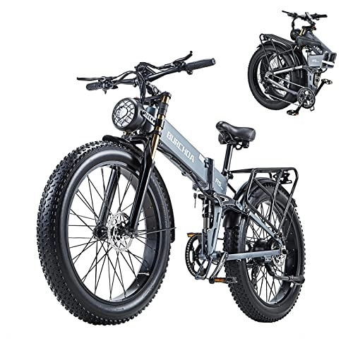 Electric Bike : BURCHDA Electric Bikes, R5pro Folding Electric Mountain Bike, 26"*4" Fat Tire Electric Mountain Bike 48V 16Ah Removable Battery, LCD Display, Shimano 8 Speed（Grey）